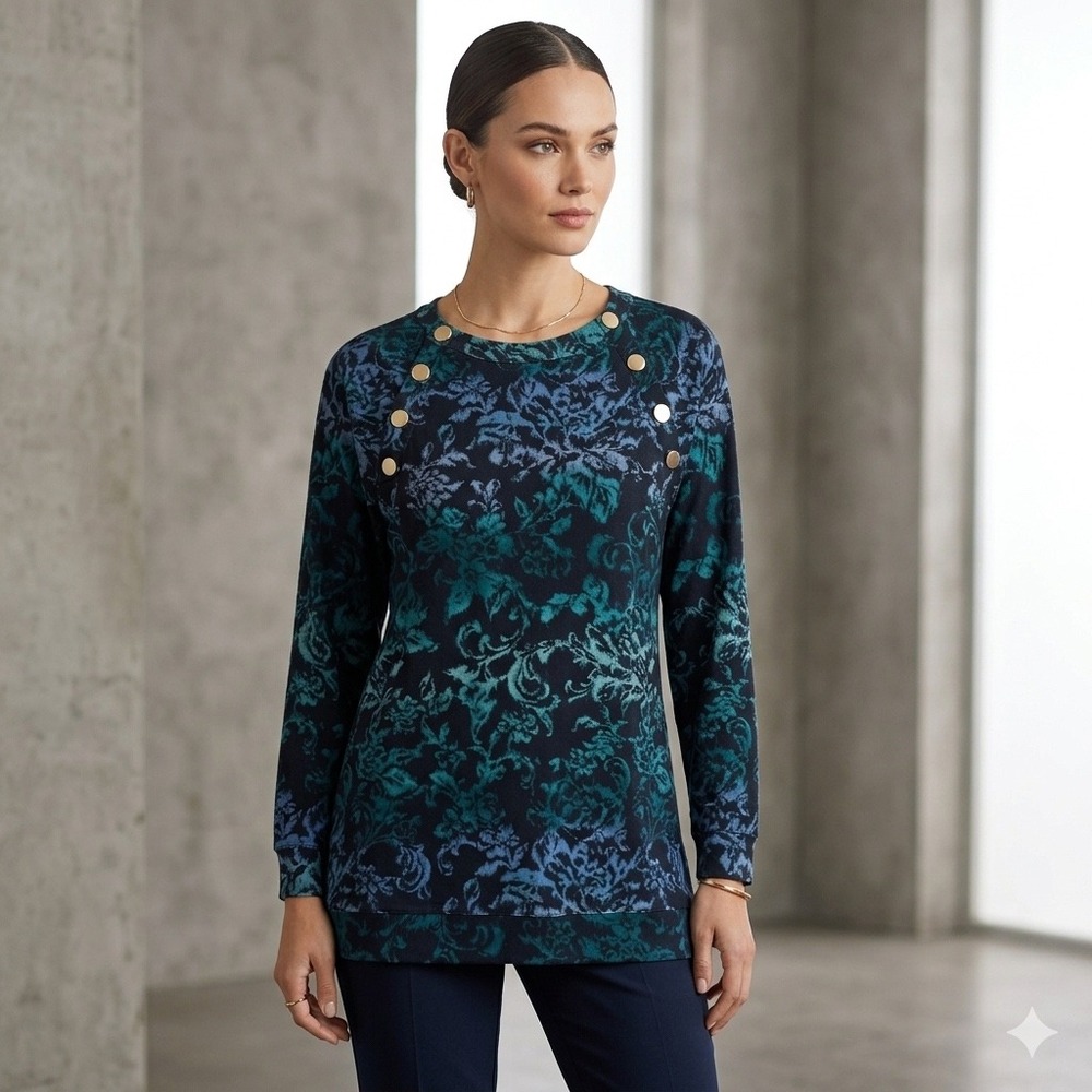 Chicos Floral Damask Tunic Top Navy Teal Gold Button Shoulder Women Size L